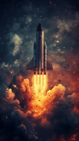 Starlit rocket launch piercing incandescent cosmic clouds.