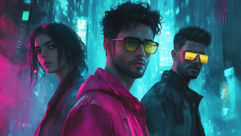 Cyberpunk trio in neon alley with reflective yellow glasses.