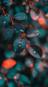 Neon-kissed rain droplets on teal leaves in close focus.