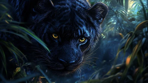 Black Panther's Golden Gaze Through Jungle Vines.