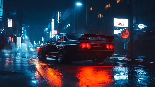 Neon-soaked skyline racer idles in rainlit midnight streets.