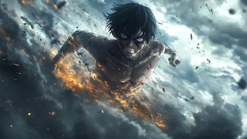 Battle-scarred anime warrior charging through storm clouds.