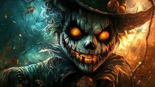 Luminous infernal scarecrow portrait with burning jack o lantern eyes