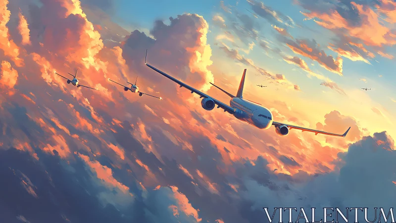 Commercial jets in angled formation across dense sunset clouds.