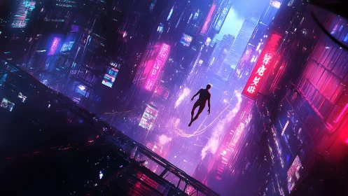 Silhouette floating in neon cyberpunk city canyon at night.