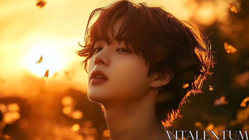 Portrait in molten sunset light with drifting petals glow.