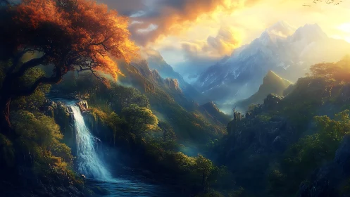 Mountain valley landscape shows waterfall under dramatic light