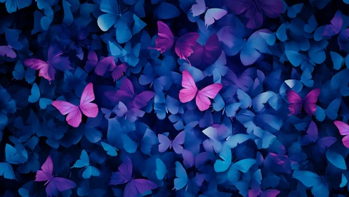 Vibrant blue and purple butterflies in layered digital swarm.