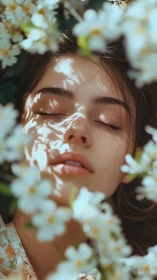 Photorealistic portrait in floral dappled light composition.