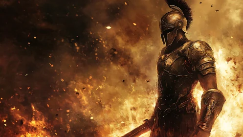 Digital painting of armored warrior in infernal backlight.