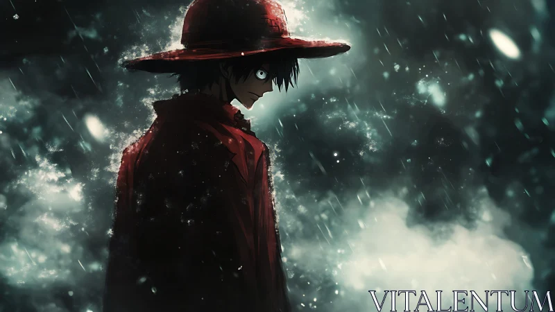 Solitary anime figure in red coat stands under heavy rain