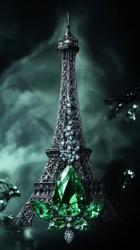Emerald-encrusted Eiffel Tower jewel in cinematic lighting.