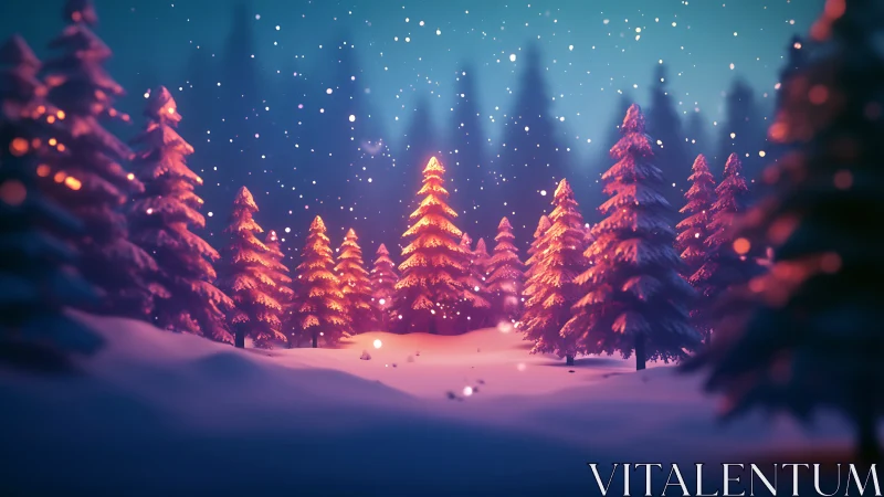 Snowy fir forest glows with soft twilight and warm lights.