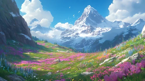 Snowcapped mountain rises above wildflower meadow valley