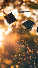 Graduation caps thrown in air against warm sunset light.