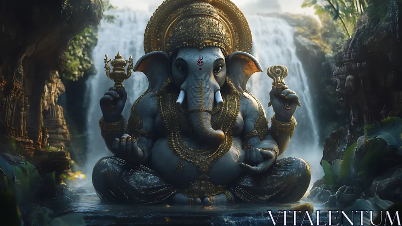 Digital painting of ganesha sculpture before cascading falls.