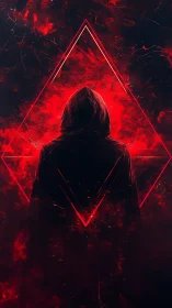Hooded silhouette framed by red geometric triangle glow.