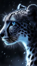 Snow Leopard Portrait: Piercing Blue Eyes in Nocturnal Illumination.