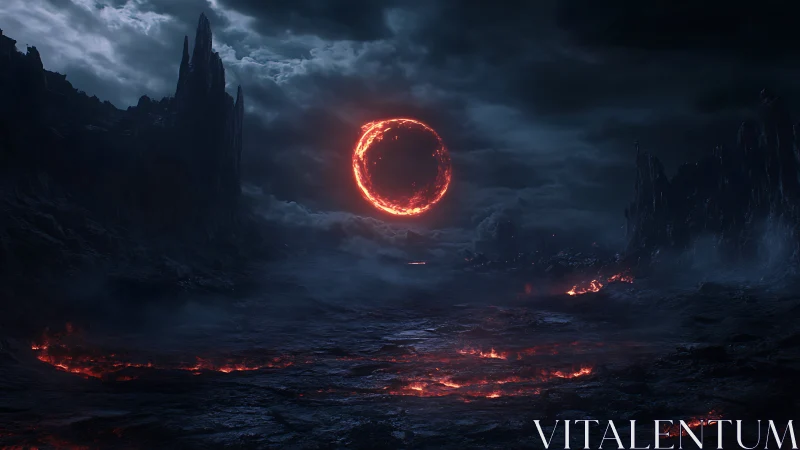 Infernal eclipse over obsidian wasteland with molten fissures.