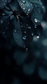 Dark leaves cradle glistening raindrops in tranquil focus