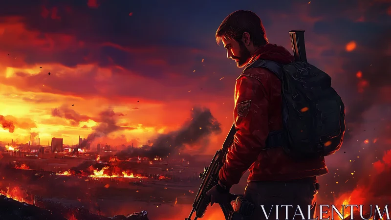 Sunset survivor watching quiet embers over a ruined city.