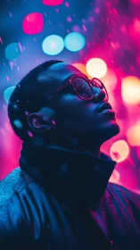 Cyberpunk portrait in neon bokeh with reflective raincoat profile.