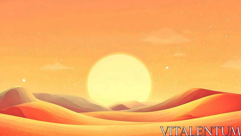 Solar-drenched desert dunes under glowing pastel sky.