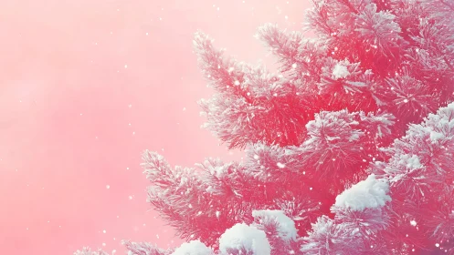 Snow covered pink fir branches glow under soft winter light
