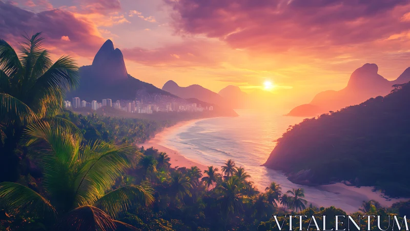 Glowing tropical coastline welcomes sunset over distant city