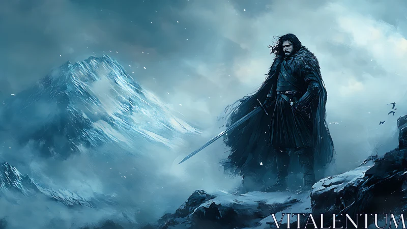 Lone warrior faces stormy frozen peaks in icy silence.