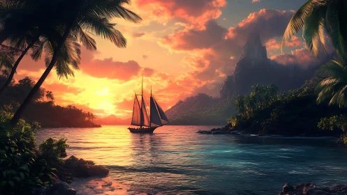 Sunset sloop between palm coves and volcanic island silhouette