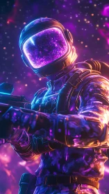 Neon-armored space soldier framed by luminescent galactic void