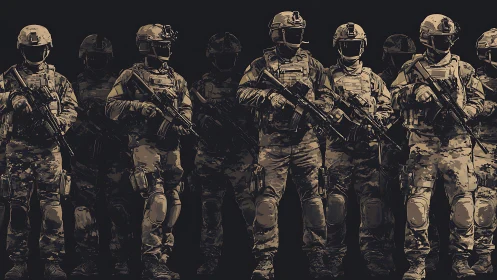 United squad of modern soldiers standing in quiet strength.