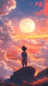 Silhouetted figure on cliff facing full moon over clouds.