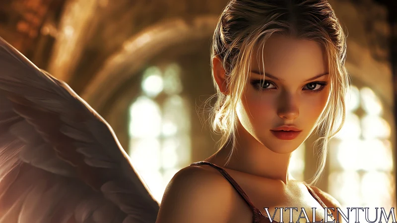 Cinematic angelic portrait with luminous cathedral backlight.