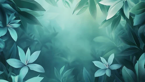 Teal botanical background with stylized leaves and flowers.