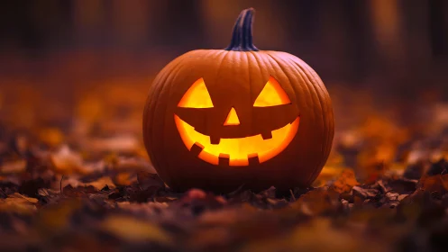 Glowing jack o’ lantern amid soft autumn bokeh at dusk.