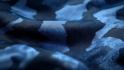 Blue camouflage fabric texture in close-up macro photography style.