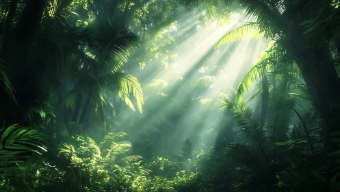 Tropical Canopy Light Diffusion: Crepuscular Rays Through Palm Vegetation.