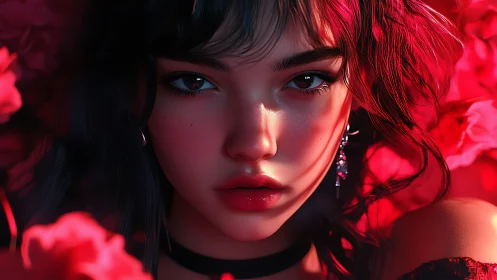 Close digital portrait shows face framed by red floral forms