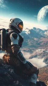 Solitary astronaut overlooking misty alien mountain valley.