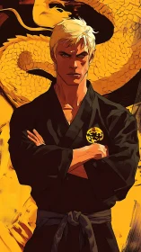 Martial artist in black gi before stylized golden dragon.
