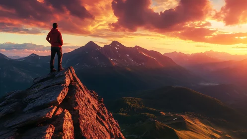 Solitary hiker on alpine ridge at sunset with dramatic cloudfield
