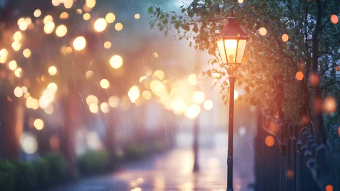 Rainy city walkway with illuminated street lamps at dusk.