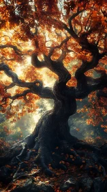 Twisted autumn tree stands in backlit forest clearing