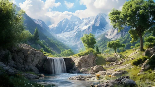 Sunlit mountain valley with gentle waterfall and quiet stream.