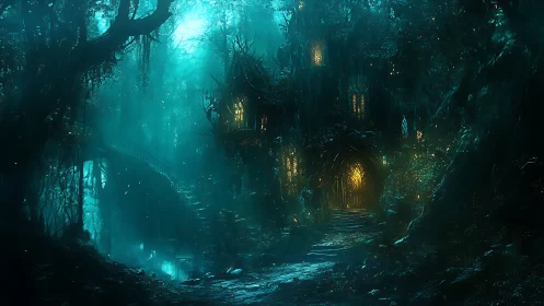 Enchanted forest cottage glowing with secret midnight light.