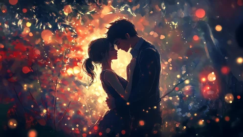 Silhouetted Couple Embracing Within Radiant Bokeh and Firelight Effects.