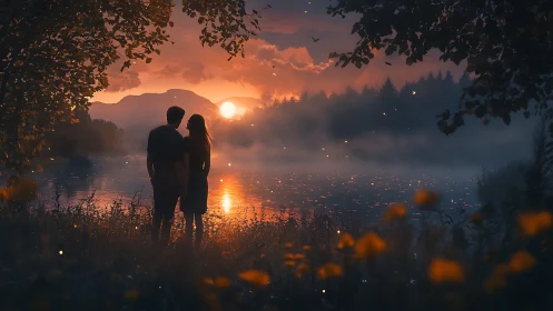 Couple silhouetted at sunset by misty lakeside