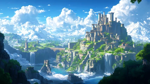 Terraced citadel complex above cascading alpine waterfalls.